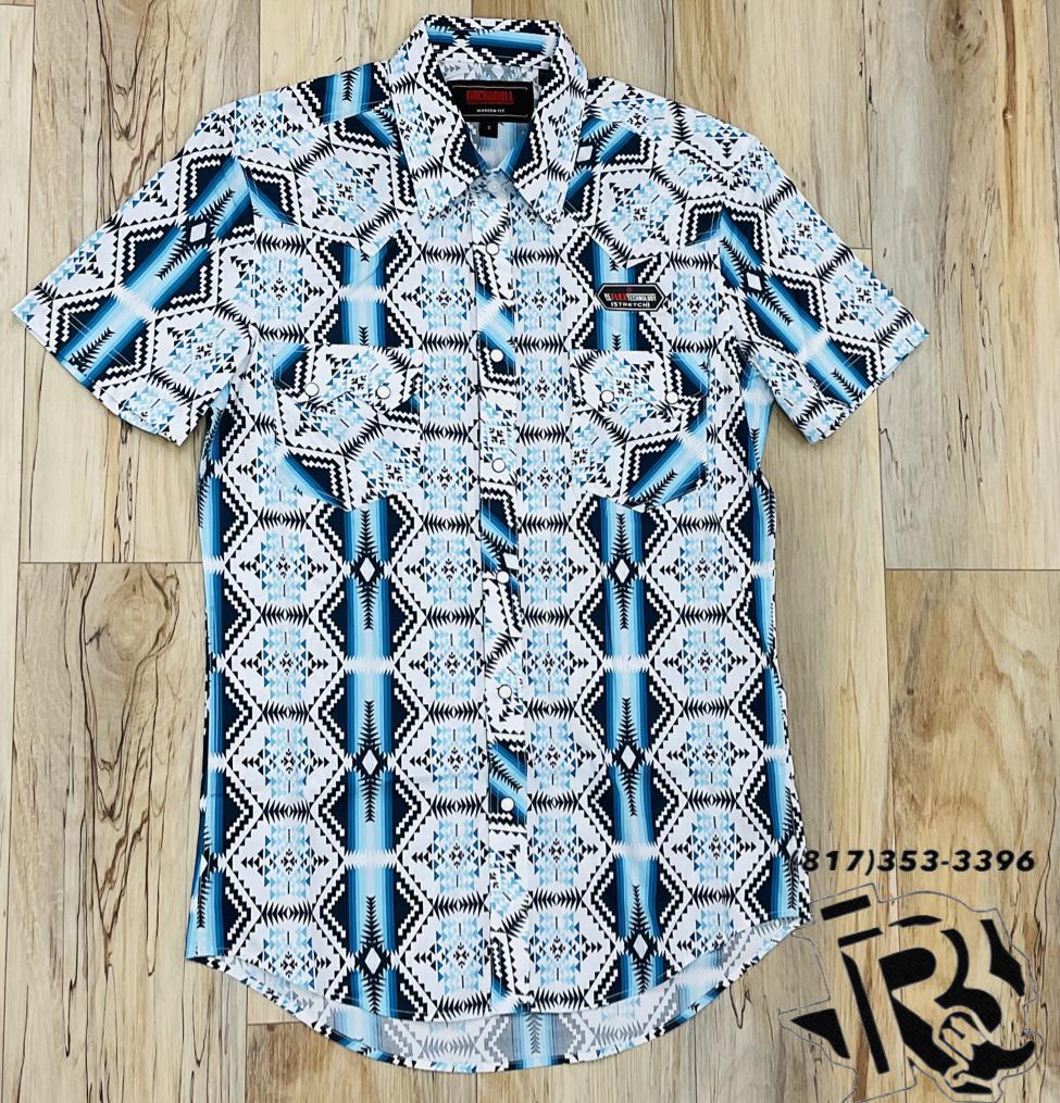 Mens short sleeve Aztec woven snap teal shirt || RRMS1SR0R6