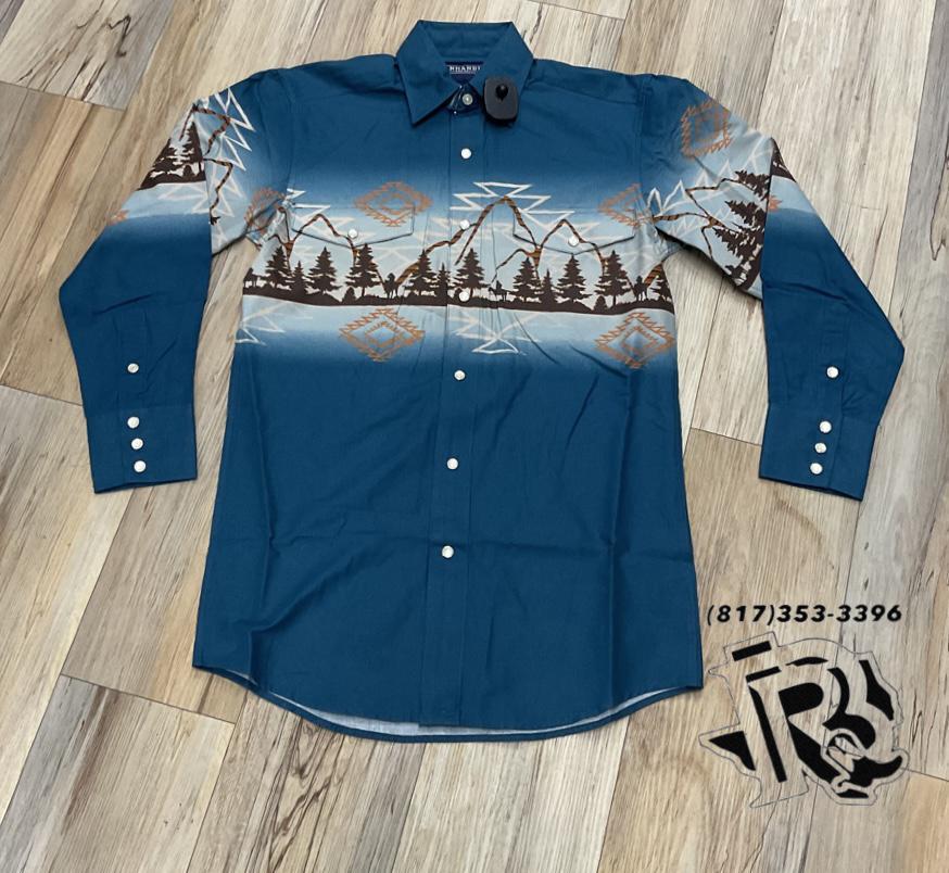 Mens long sleeve Aztec mountain borders snap shirt | SMN2S02455