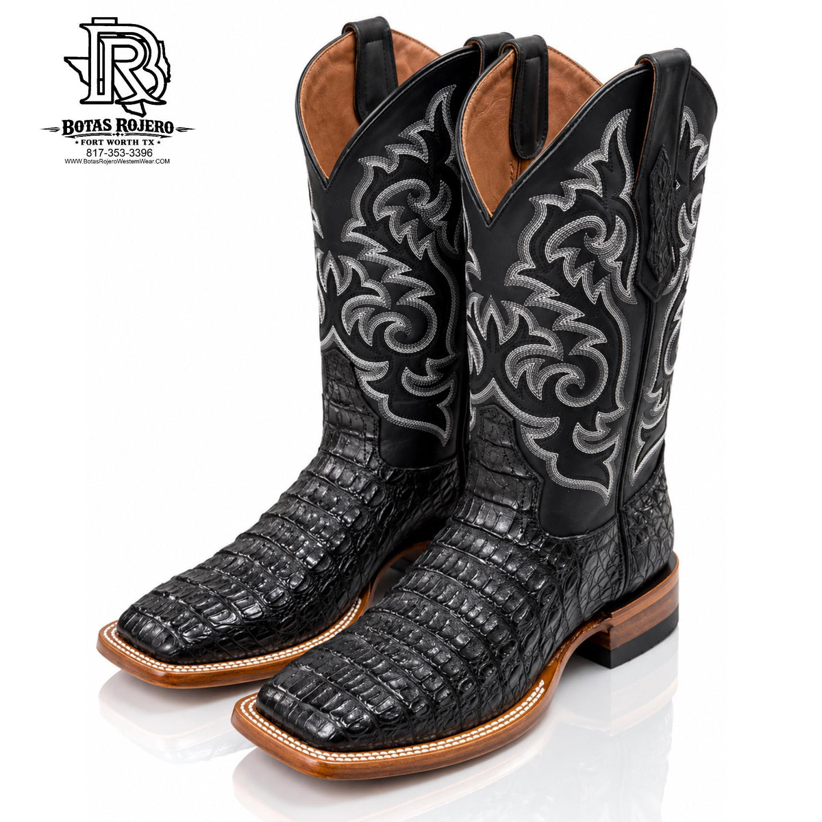 " JESUS " | MEN CAIMAN BLACK HORN BACK ORIGINAL SQUARE WESTERN TOE BOOTS