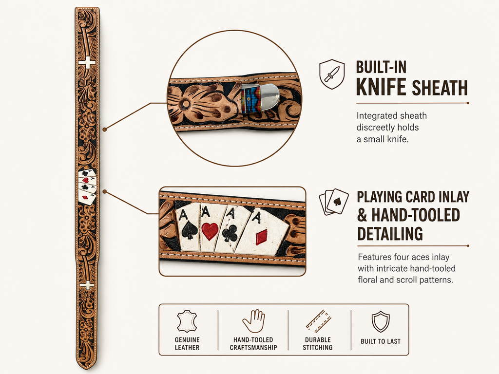 “ GEO FOUR ACES “  | 1.75 INCH IRON SPUR  WESTERN BELT TOOLED LEATHER