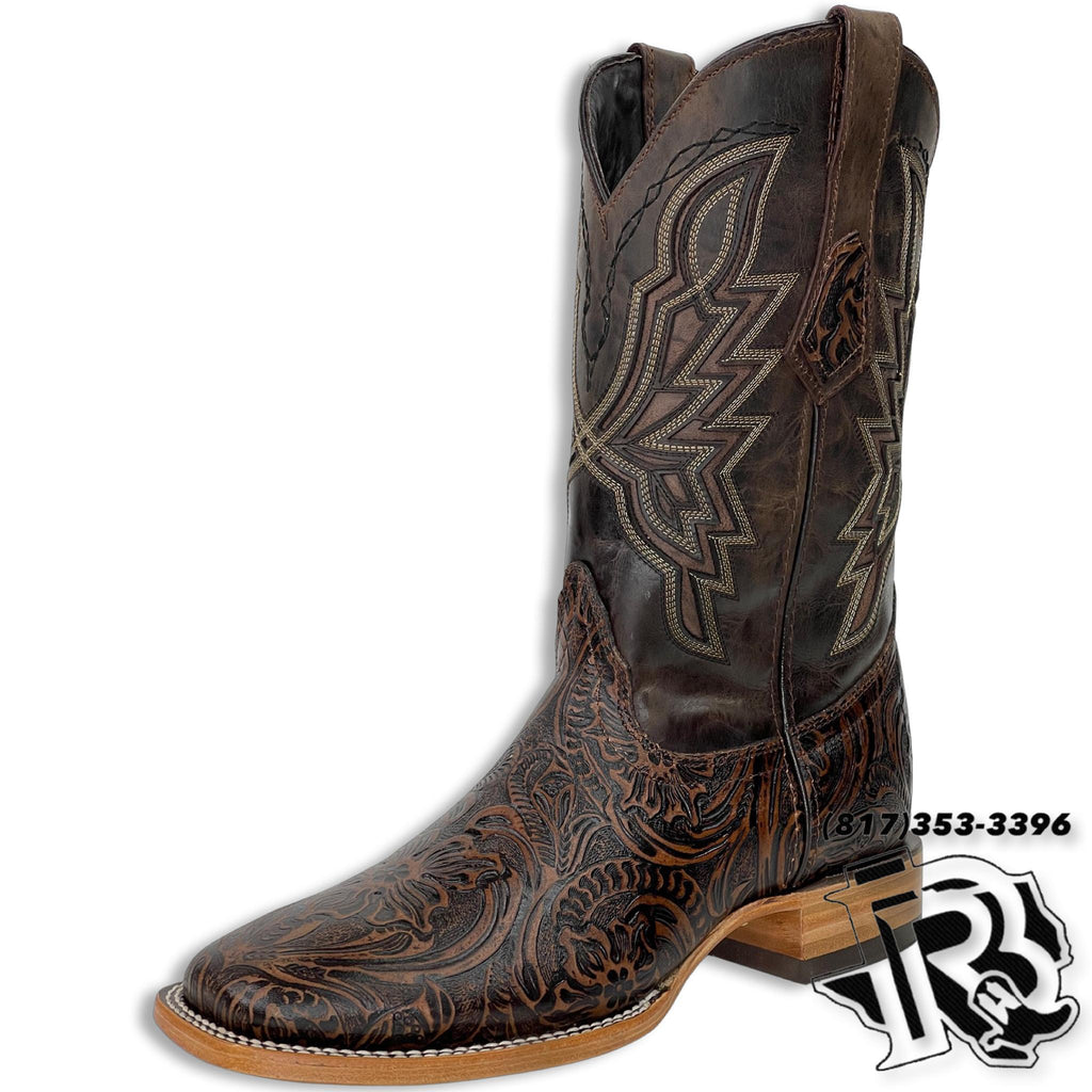 “ Reno “ | Men Western Square Toe Boots Brown Tooled Leather
