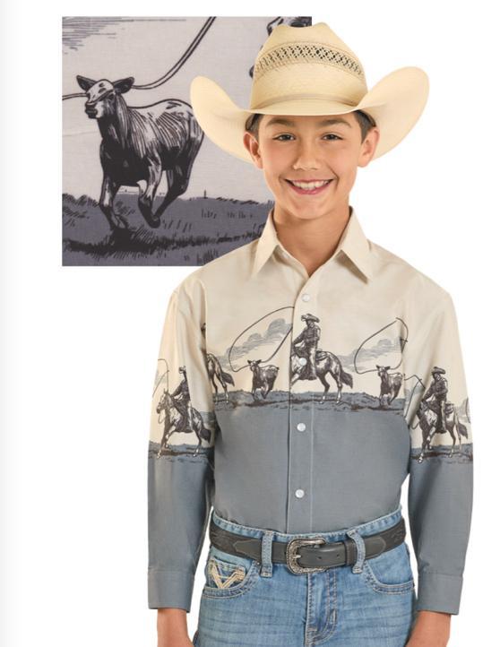 ROCK & ROLL BOY’S LONG SLEEVE SNAP BORDERS TAN SHIRT | SBN2S08293