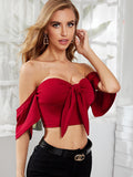 RED OFF SHOULDER TIE FRONT CROP TOP
