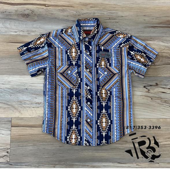 Boys short sleeve Aztec woven snap blue shirt | RRBS1SR0R1