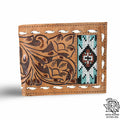 “ OSCAR  “ | IRON SPUR WESTERN CO. MEN BI FOLD WESTERN TOOLED LEATHER WALLET BEADED TURQUOISE