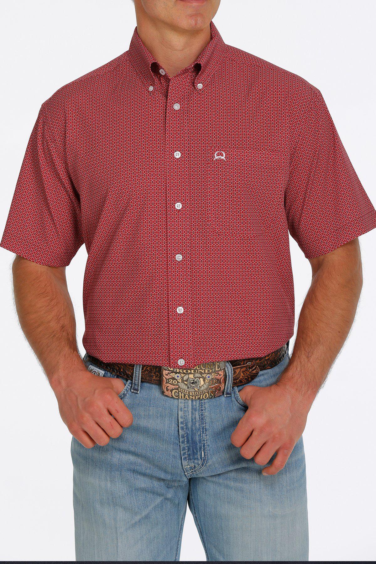 MENS GEOMETRIC SHORT SLEEVE ARENAFLEX BUTTON DOWN SHIRT RED CINCH |MTW1704103