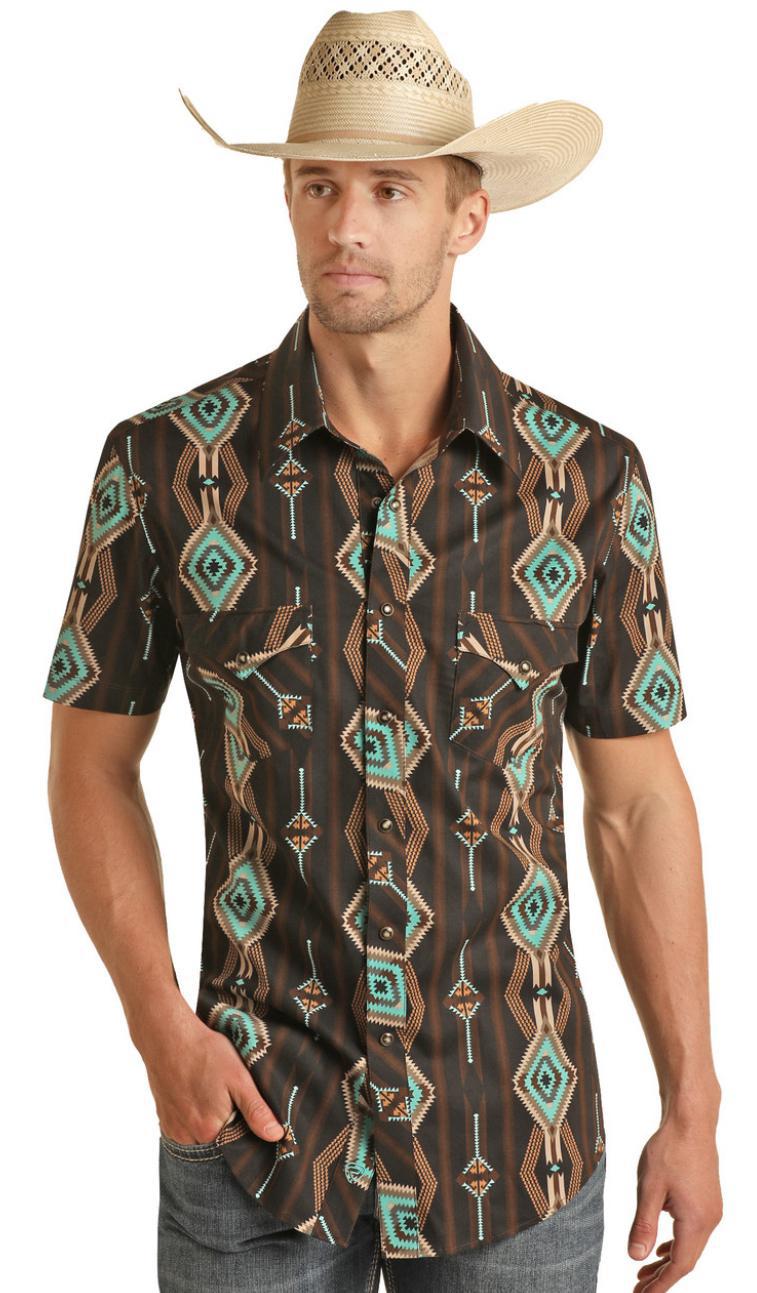 ‘’GORGE’’ROCK & ROLL  AZTEC PRINT SHORT SLEEVE SNAP SHIRT - BMN3S03938
