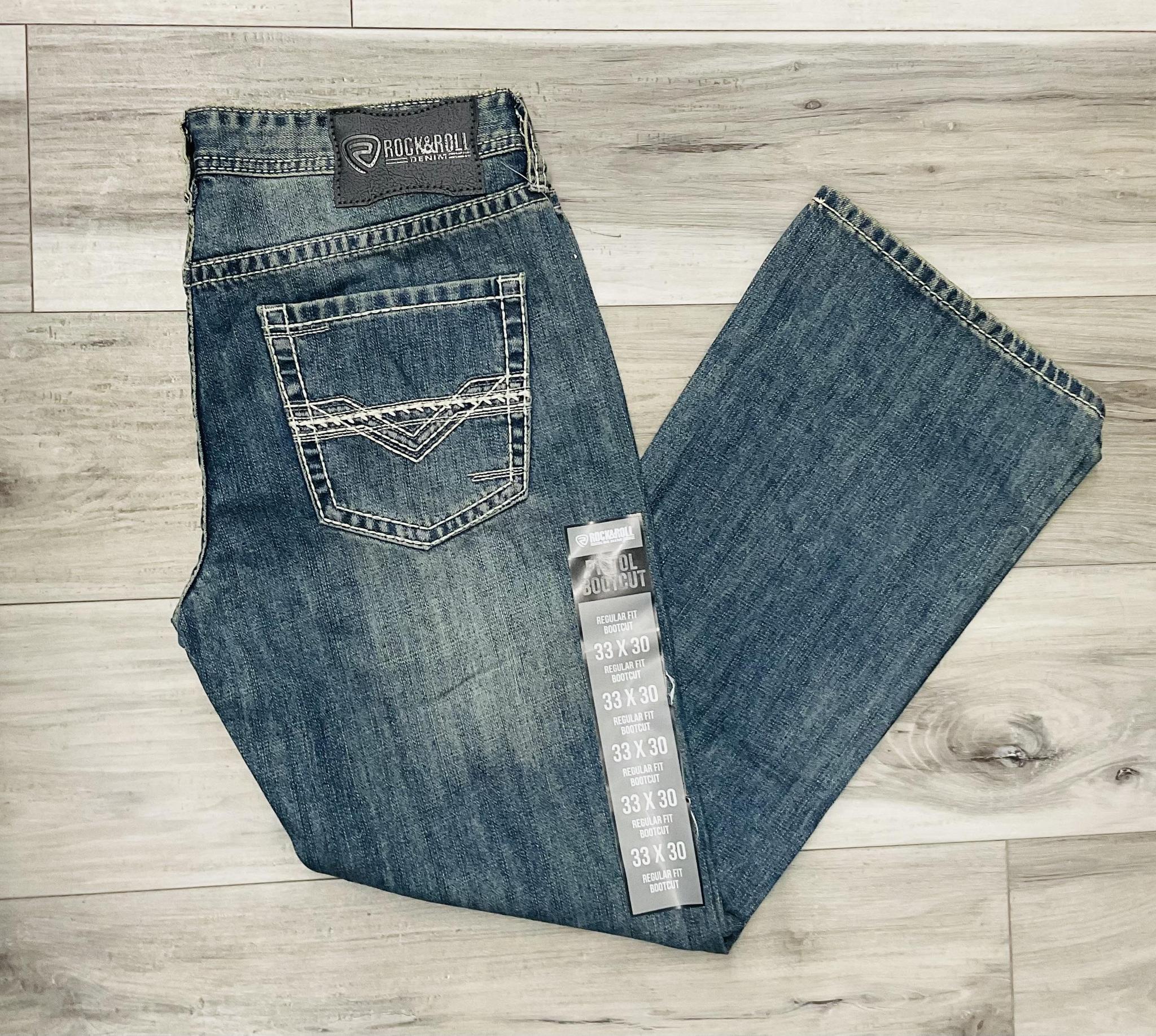 ROCK & ROLL MEN’S RAISE DENIM EMB PISTOL BOOTS DARK VINTAGE JEANS | BM0PD08581