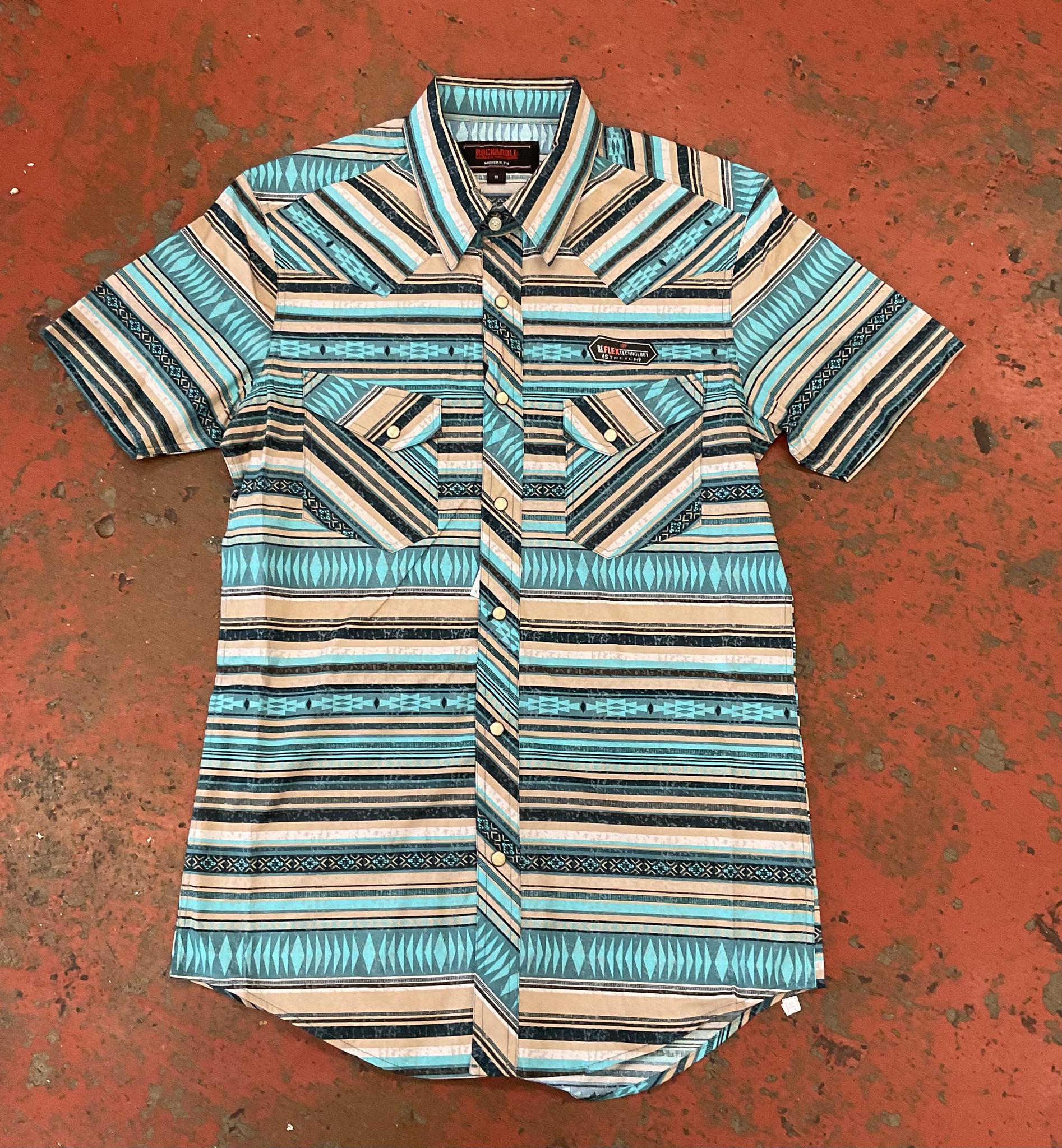 Mens short sleeve Aztec stripe woven snap teal rock & roll |RRMS1SR0PZ