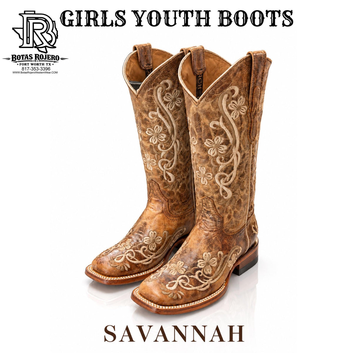 " SAVANNAH " YOUTH GIRL WESTERN SQUARE TOE BOOTS FLOWER EMBROIDERY