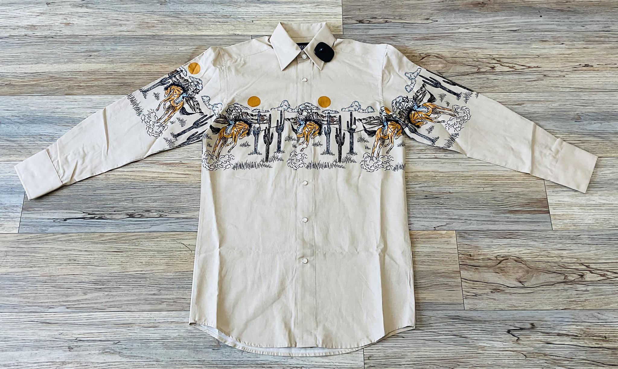 Mens Rock & Roll long sleeve 2pkt bronc border tan shirt | SMN2S03217