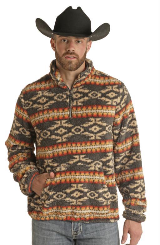 Mens Rock & Roll printed plush 1/4 zip dark grey | BM91T03008