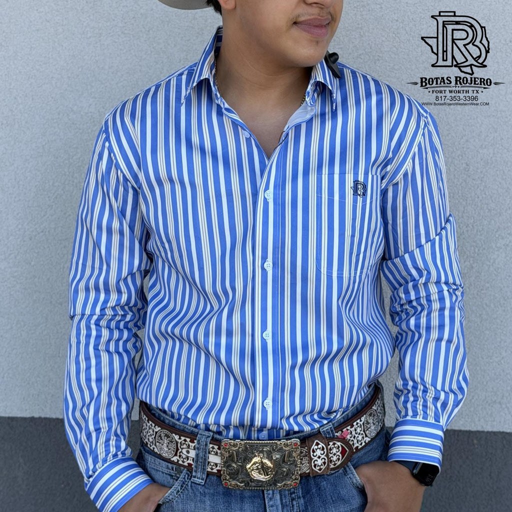 Roy  | Iron Spur Men’s Western Long Sleeve Shirt – Classic Stripe Blue