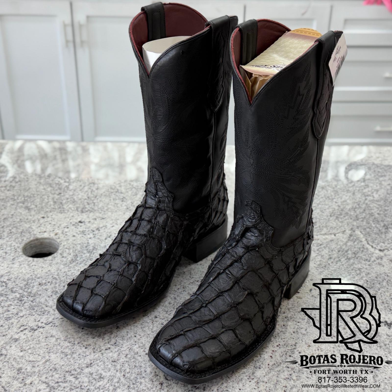 “ ZANE “ MEN'S BLACK ORIGINAL FISH SQUARE TOE WESTERN BOOT IRON SPUR