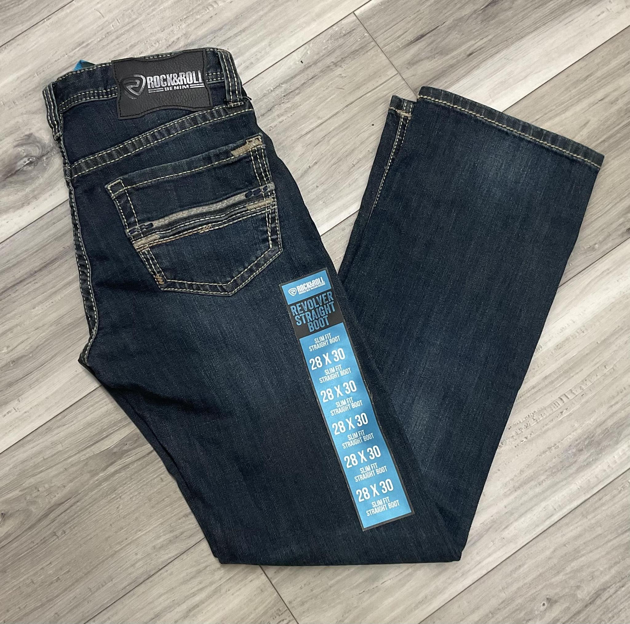 Rock & Roll Cowboy Men's Dark Wash Slim Fit Revolver Pleather Embroidered Straight Jeans |BM1RD07367