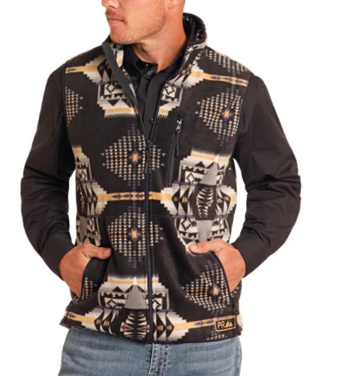 POWDER RIVER OUTFITTERS MENS AZTEC PRINTED BLACK FLEECE VEST | DM98C04093