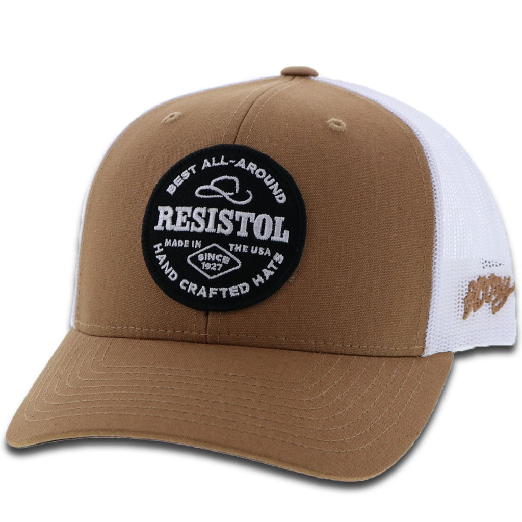 1928T-TNWH Desc: Resistol tan / white mesh 6-panel trucker with patch - OSFA