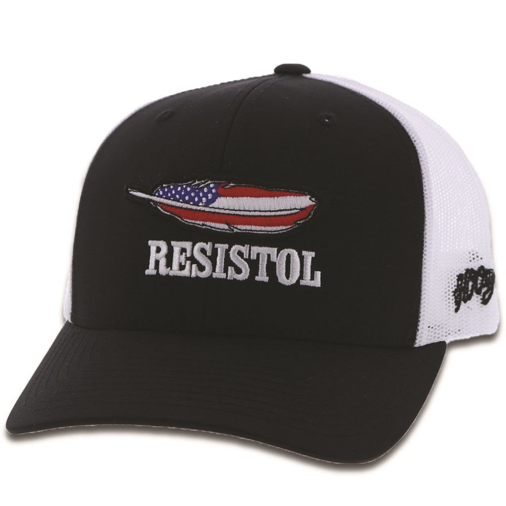 1929T-BKWH Desc: Resistol black / white mesh 6-panel trucker with embroidered logo - OSFA