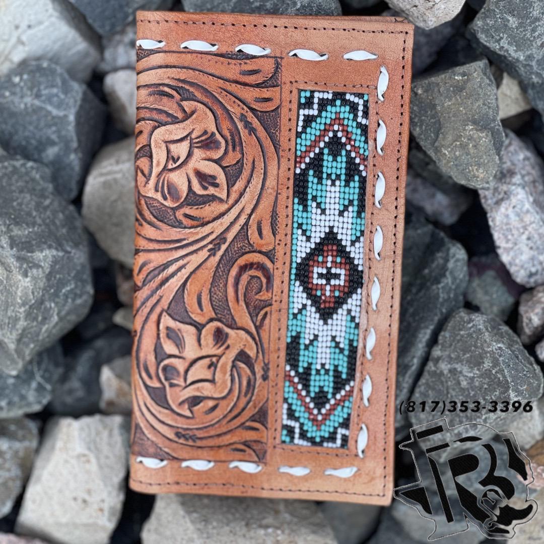 “ OSCAR  “ | MEN RODEO WALLET FOLD WESTERN TOOLED LEATHER WALLET BEADED TURQUOISE