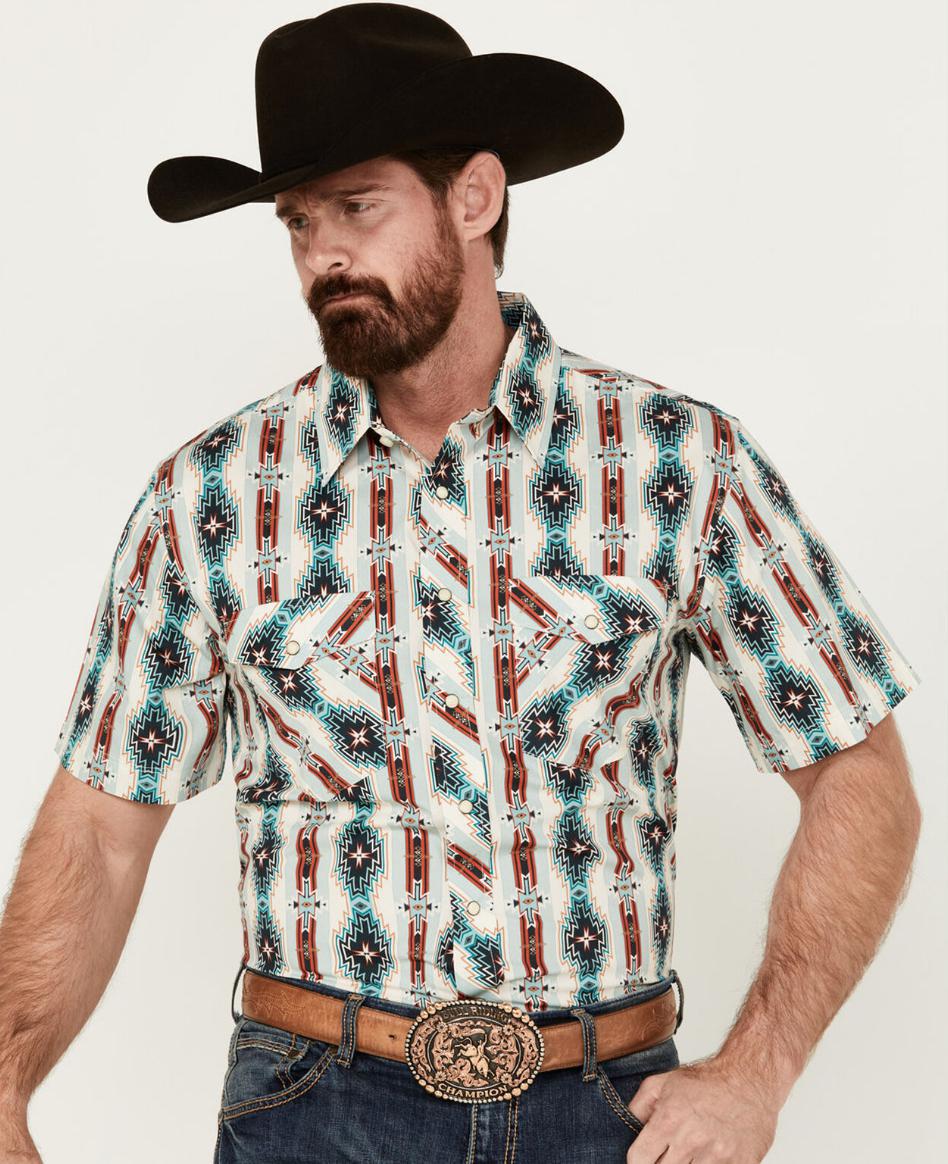 MENS PANHANDLE AZTEC SNAP AQUA SHORT SLEEVE SHIRT | PMN3S03325