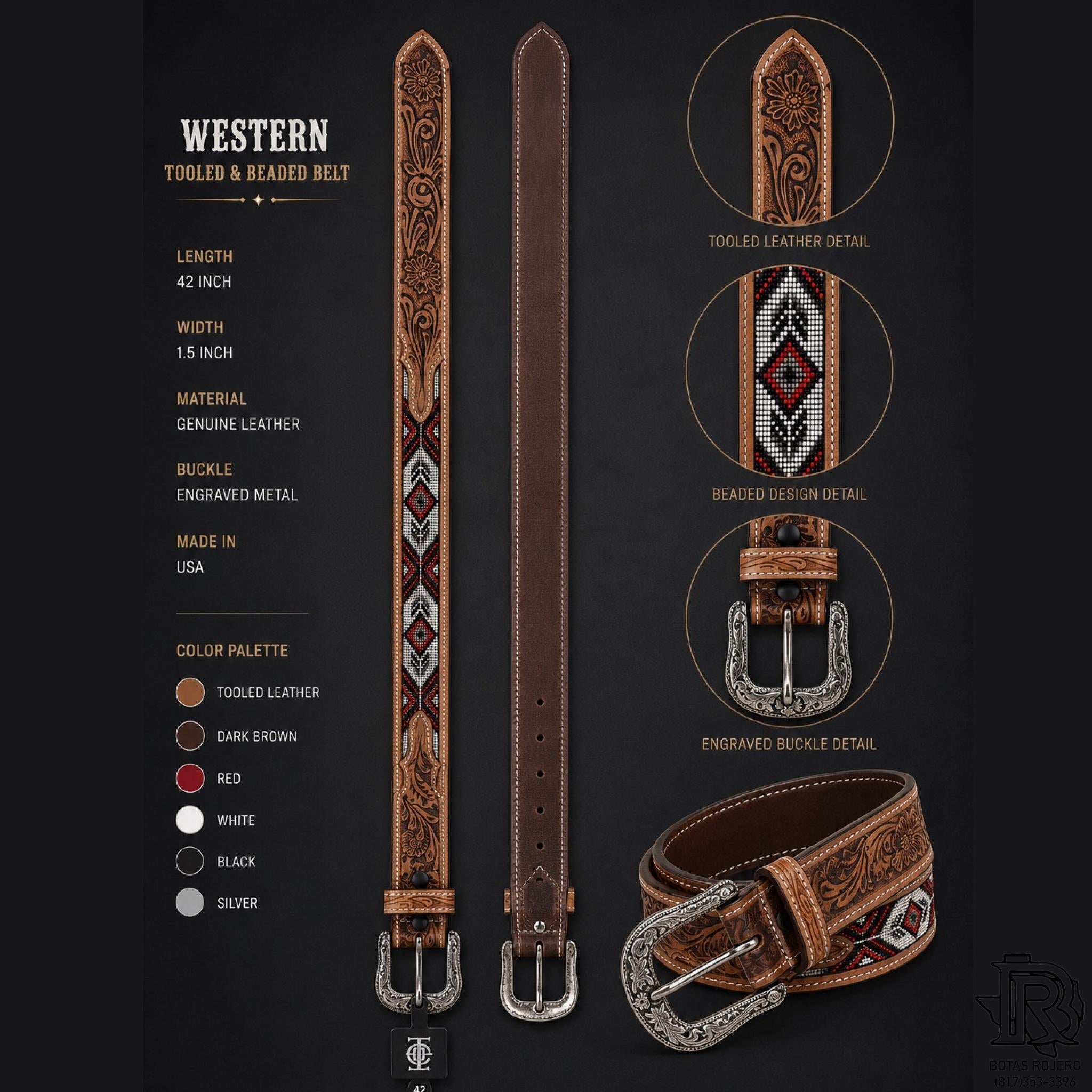 Eli 1.5 INCH WIDE BEADED BELT MEN WESTERN RED