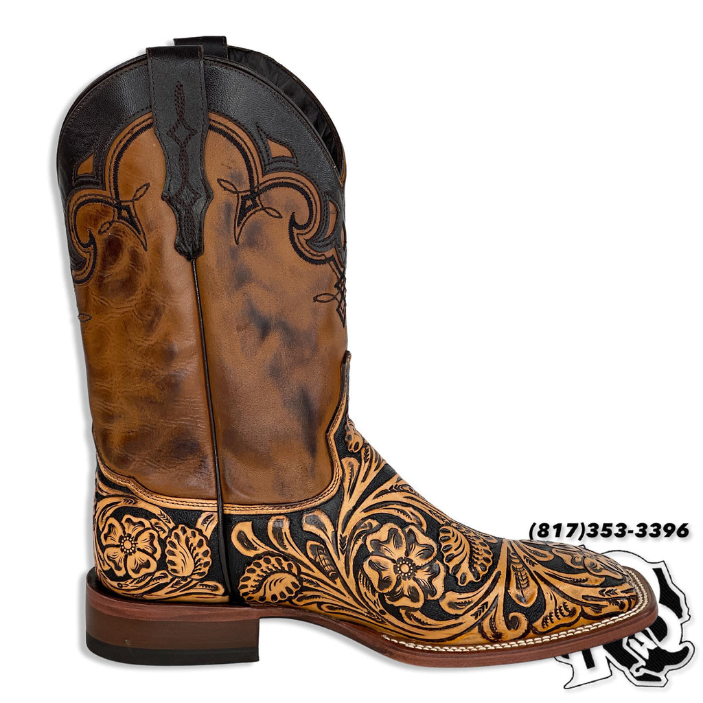 TOOLED LEATHER EDITION | BLACK/NATURAL HANDMADE MEN SQUARE TOE BOOTS