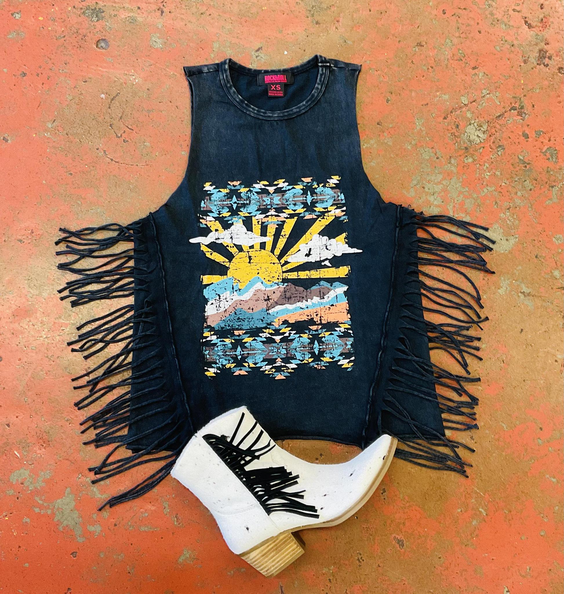 Women graphic tank with fringe black | RRWT20R0YD