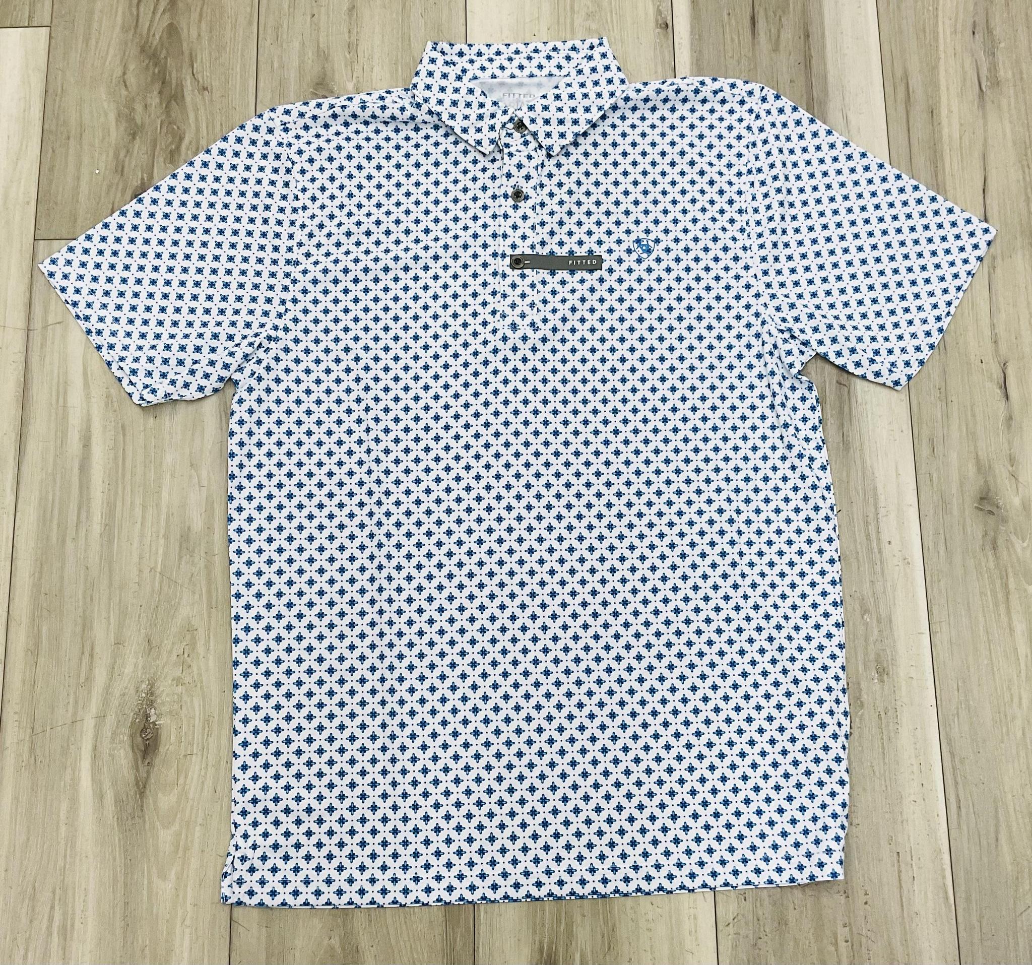 ARIAT MEN’S ALL OVER PRINT FITTED WHITE GEO PRINT POLO | 10076067