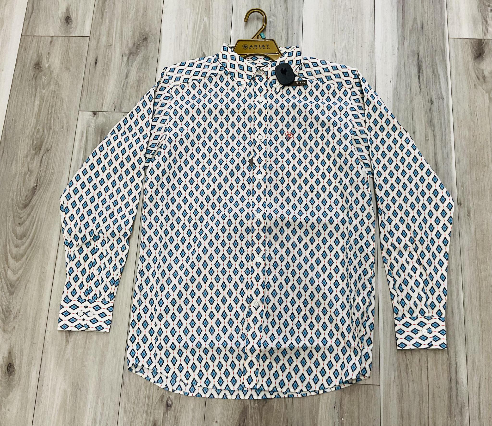 ARIAT MEN’S JAZIEL FITTED WHITE SOUTHWEST DIAMOND LONG SLEEVE SHIRT | 10071036