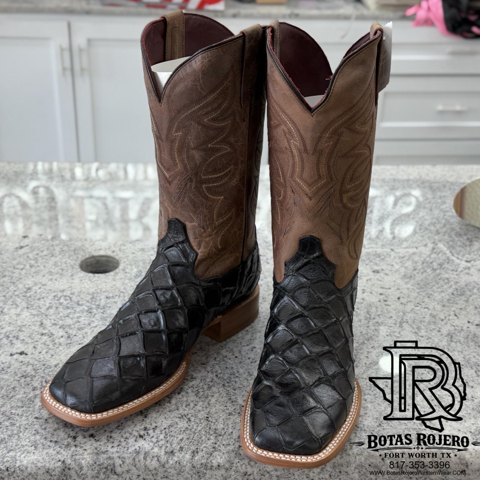 “ MASON “ MEN'S PRINTED BLACK FISH SQUARE TOE BOOTS| IRON SPUR