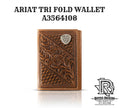 ARIAT MENS TRIFOLD STYLE WALLET BASKET WEAVE FLORAL SHIELD TAN A3564108