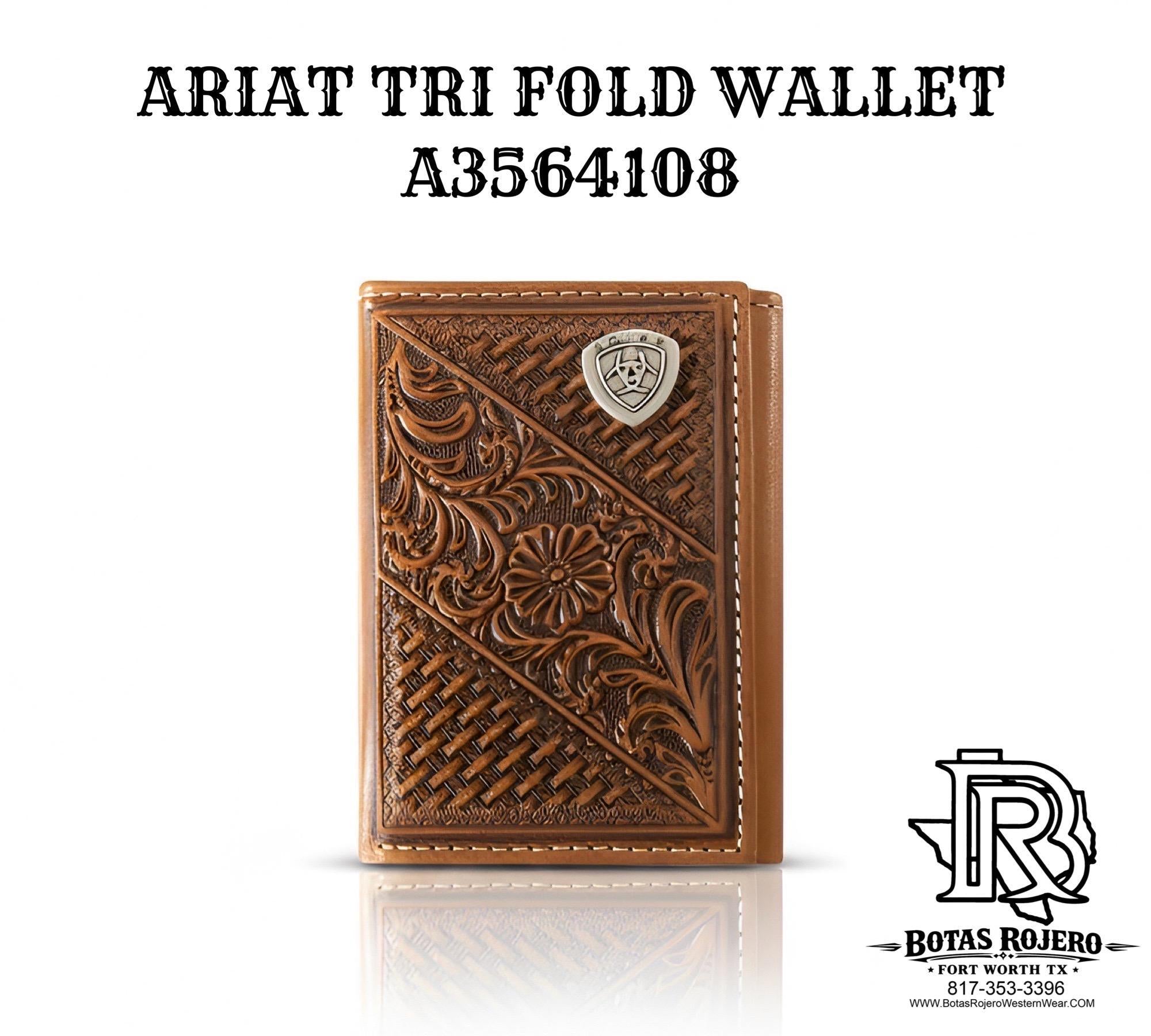 ARIAT MENS TRIFOLD STYLE WALLET BASKET WEAVE FLORAL SHIELD TAN A3564108