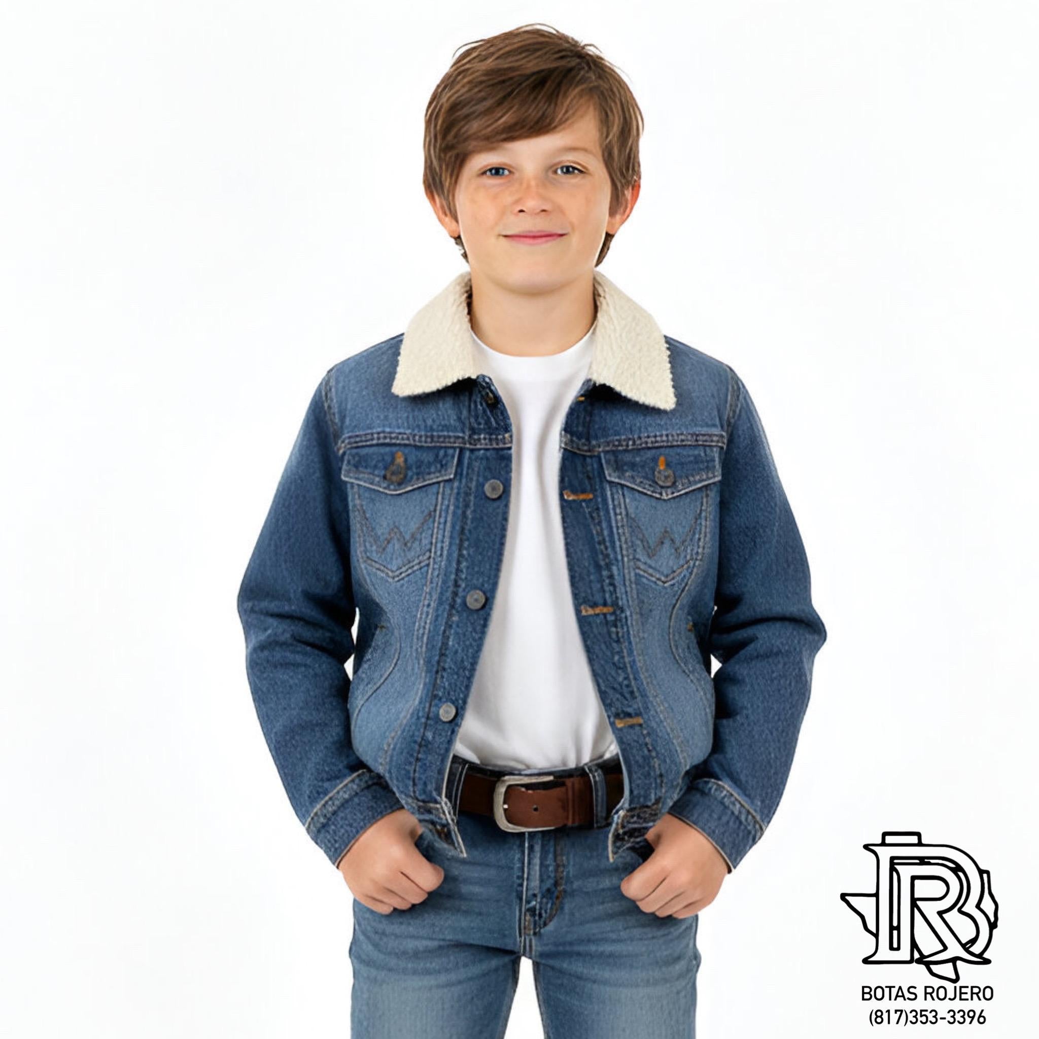BOY’S WRANGLER® WESTERN STYLED SHERPA LINED DENIM JACKET RUSTIC IN RUSTIC BLUE| 112335518