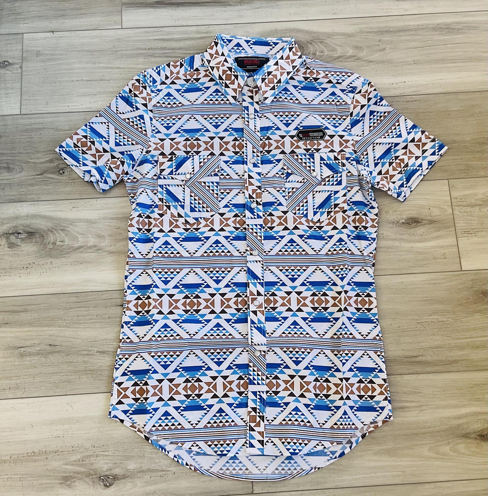 ROCK & ROLL MEN’S BLUE AZTEC PRINTED SHORT SLEEVE SHIRT | BMN3S08313