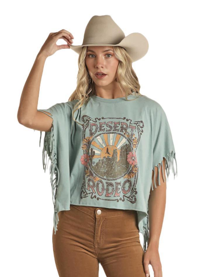 Rock & Roll Ladies Desert Rodeo Fringe Sky Blue T-Shirt|  BW21T02064