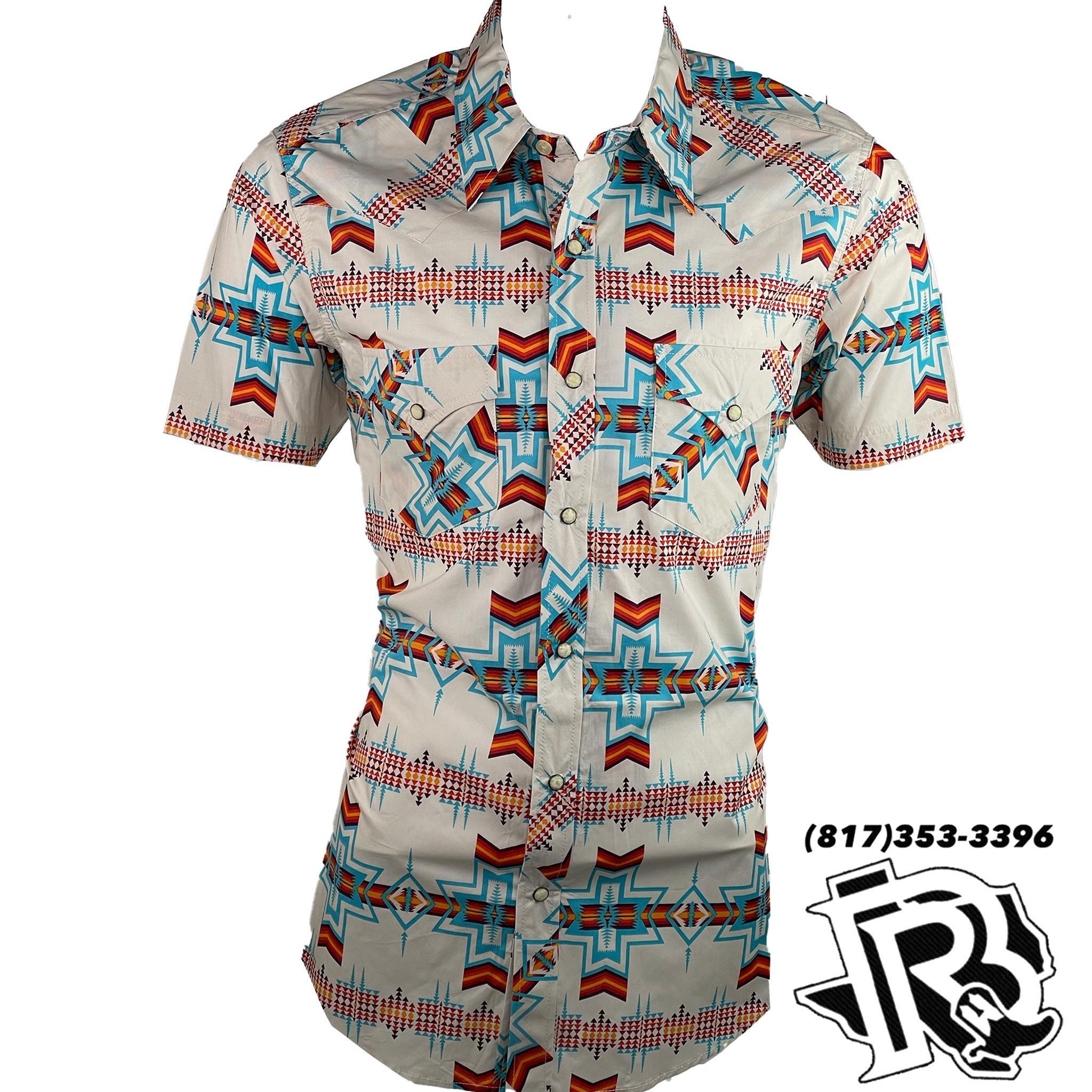 LIGHT CREAM AZTEC SHIRT | SHORT SLEEVE MEN WESTERN SHIRT B1S9415