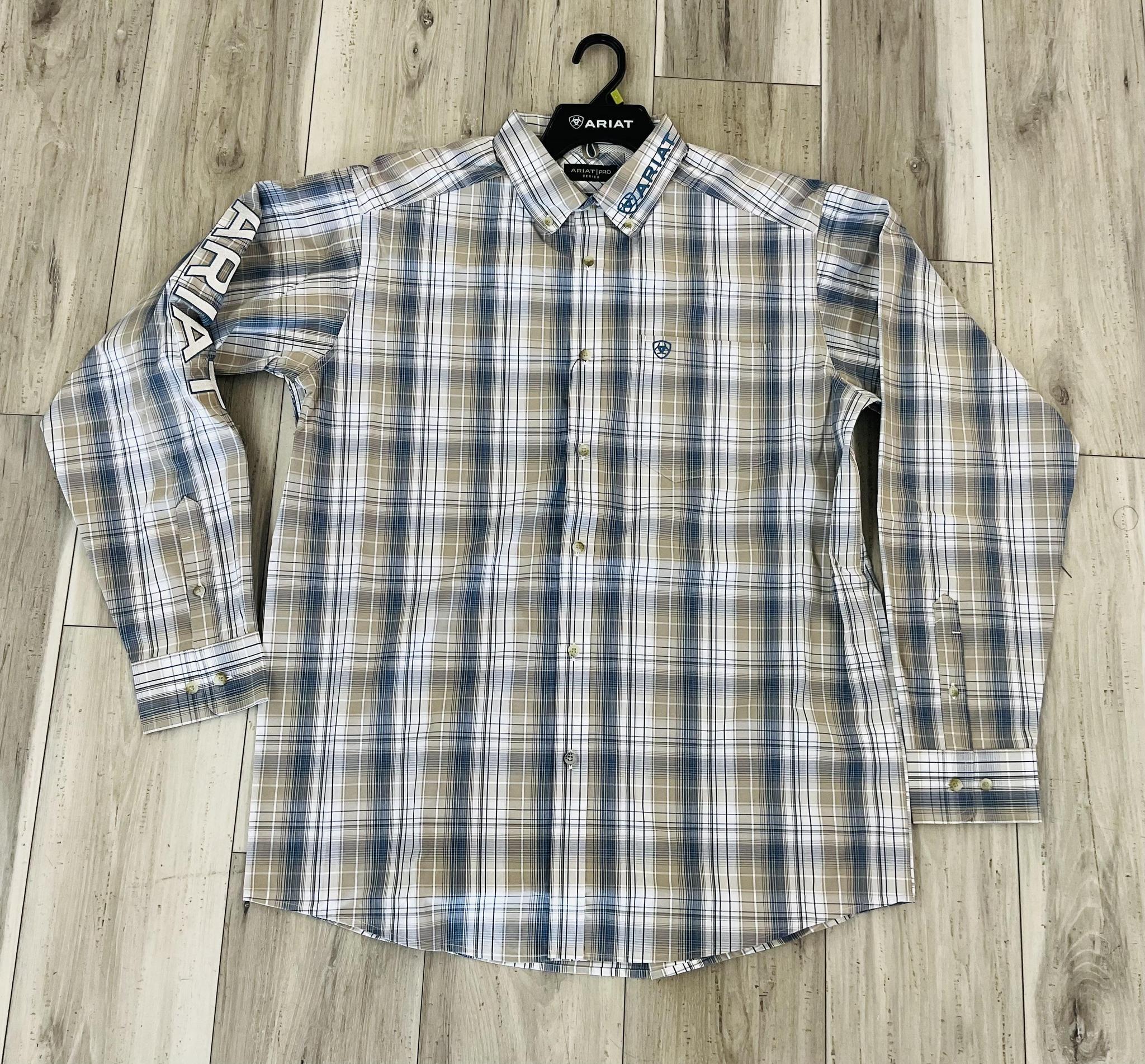 ARIAT MEN’S PRO SERIES TEAM PIERE KAHKI/WHITE LONG SLEEVE SHIRT | 10071719