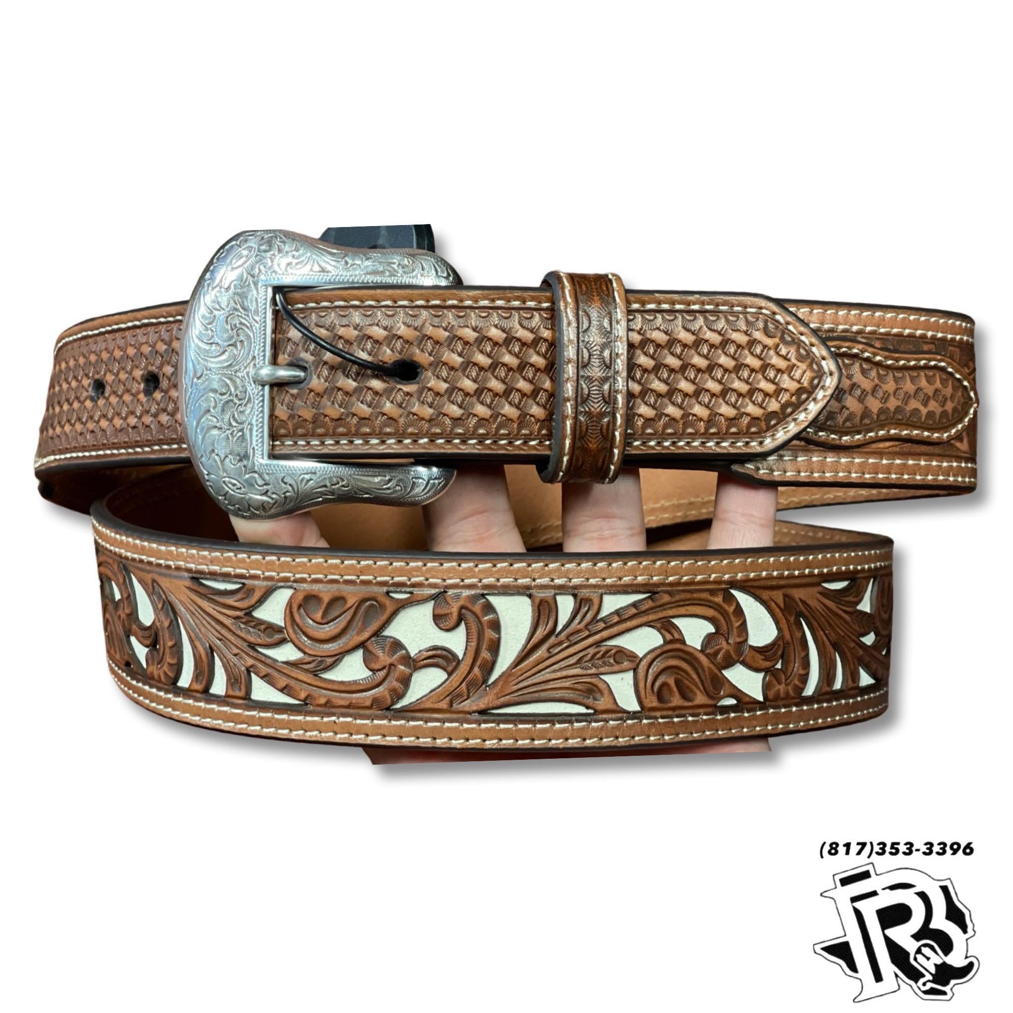 “ AARON “ | MEN WESTERN COWBOY BELT TOOLED LEATHER BROWN N210003808