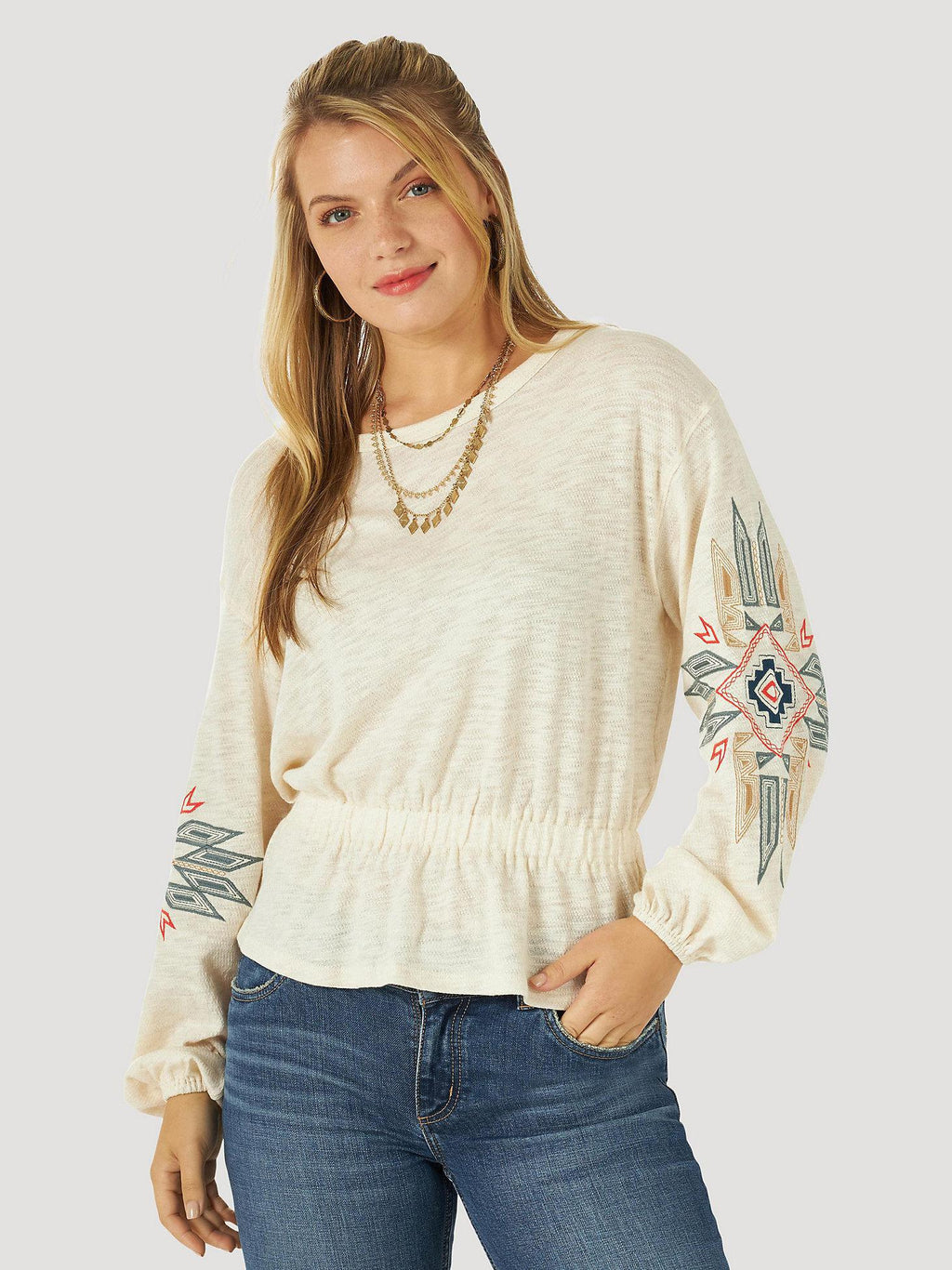 WOMAN'S WRANGLER RETRO GATHERED WAIST EMBROIDERED SLEEVE TOP OAT MEAL HEATHER |112317752