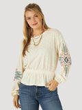 WOMAN'S WRANGLER RETRO GATHERED WAIST EMBROIDERED SLEEVE TOP OAT MEAL HEATHER |112317752