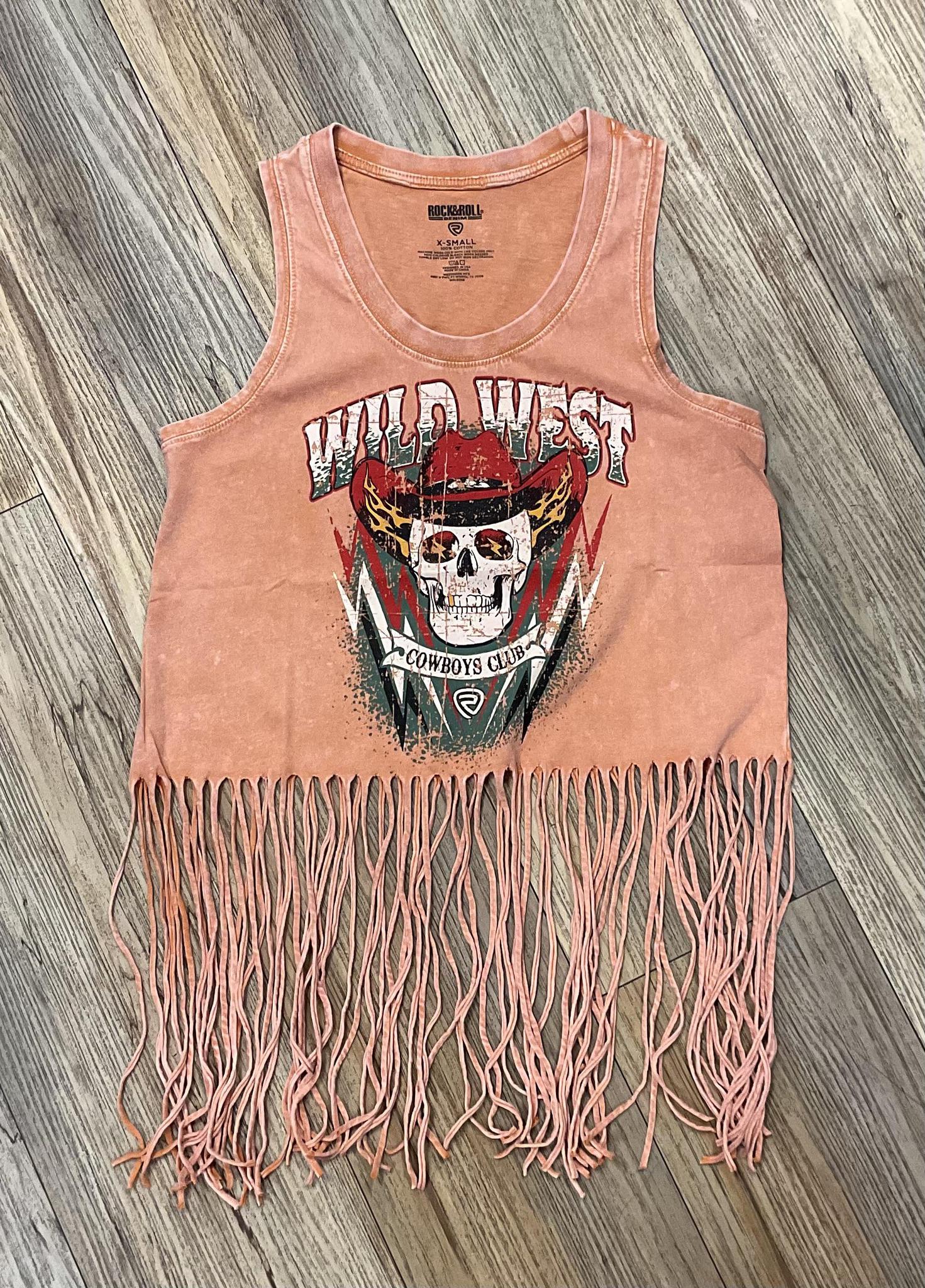 WOMEN’S ROCK & ROLL BURNT ORANGE GRAPHIC FRINGE TANK |BW20T06455