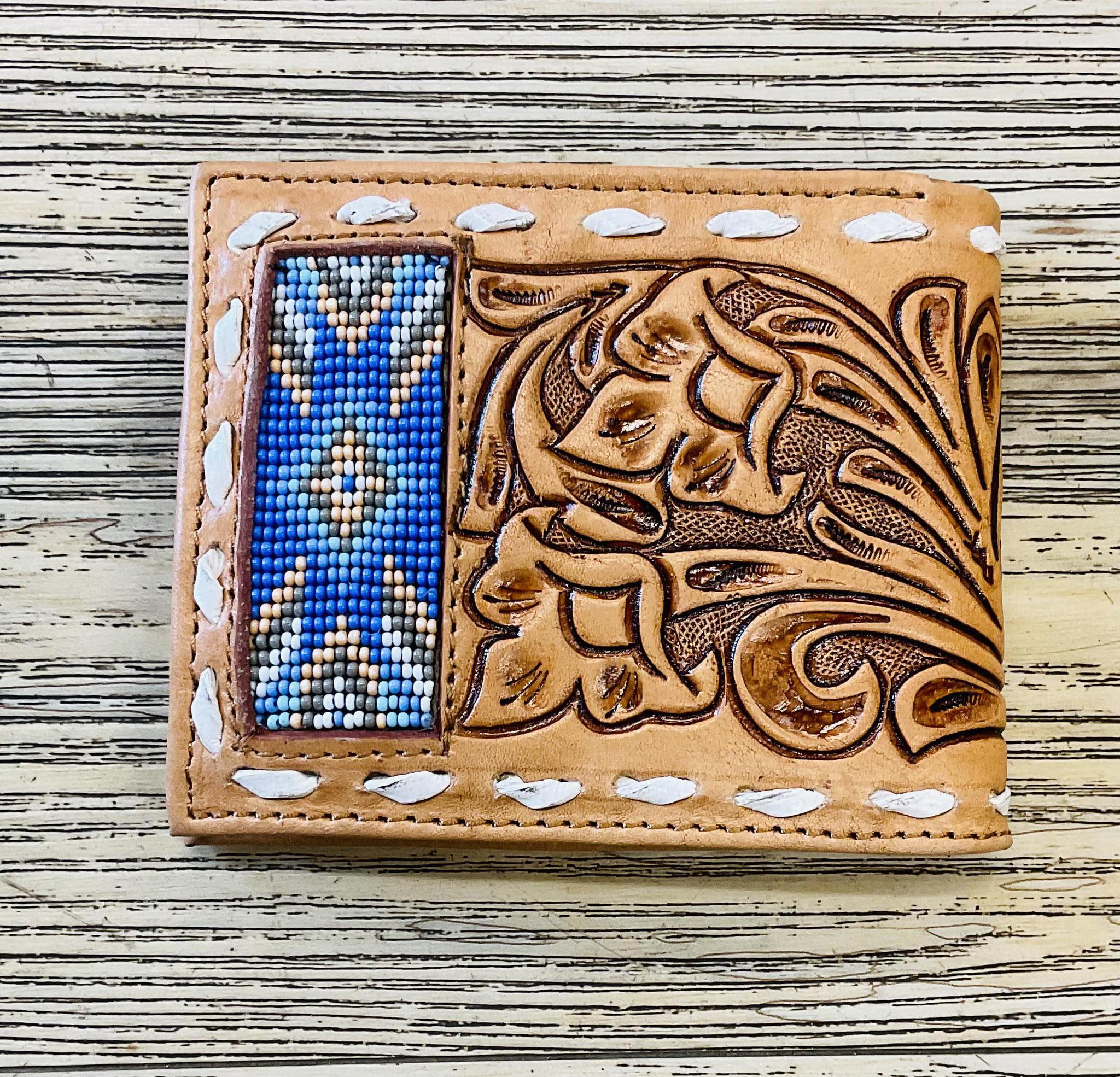 “ ALEXANDER  “ | IRON SPUR WESTERN CO. MEN BI FOLD WESTERN TOOLED LEATHER WALLET BEADED