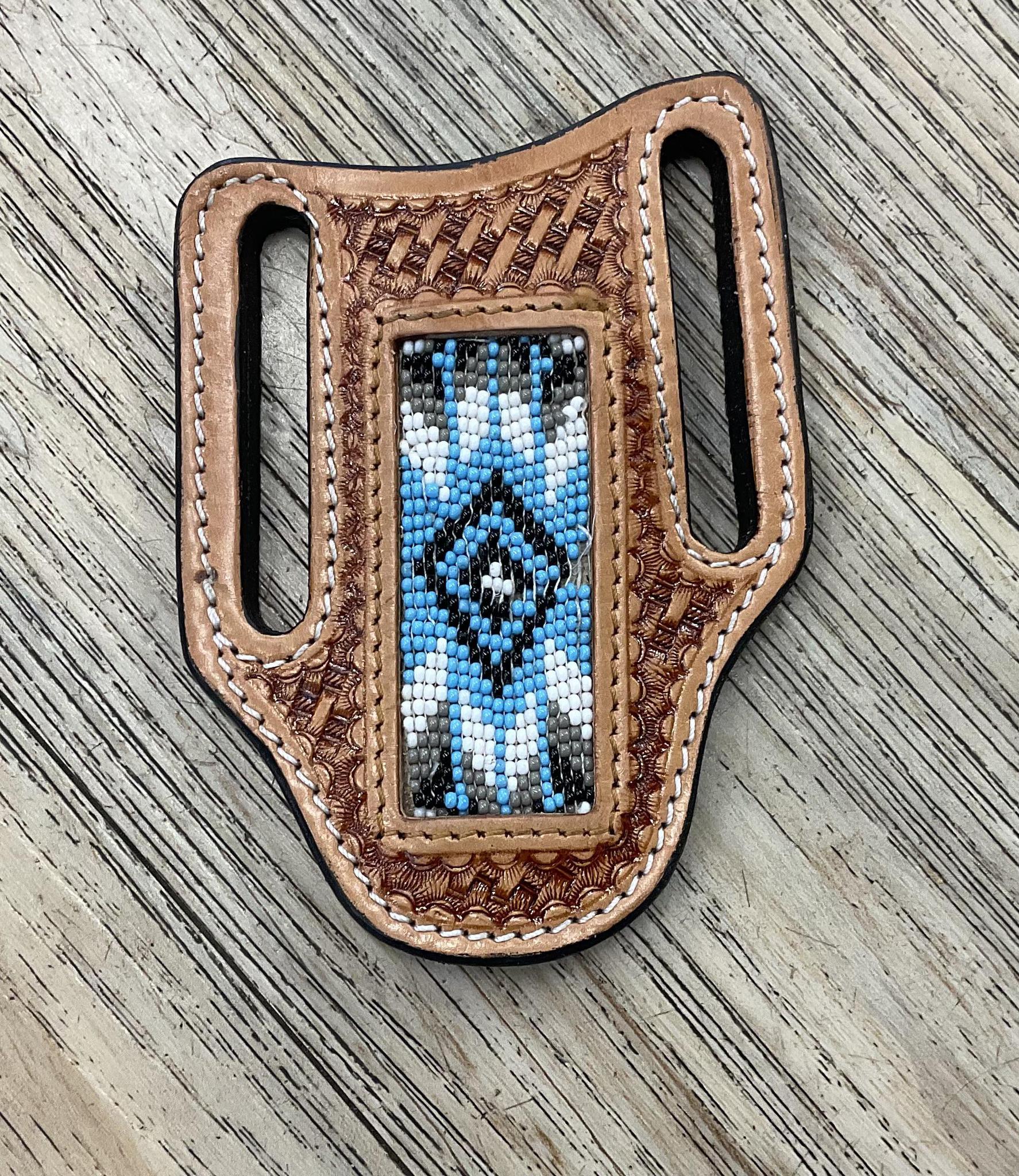 “ PAUL “ |  KNIFE SHEATH WESTERN TOOLED LEATHER  BEADED | IRON SPUR