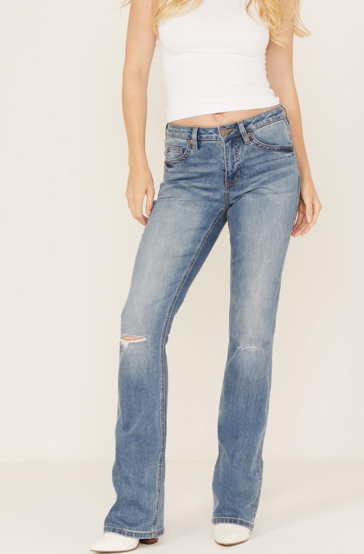 WOMENS ROCK & ROLL DISTRESSED MID RISE  MEDIUM WASH JEANS | BW4MD05314