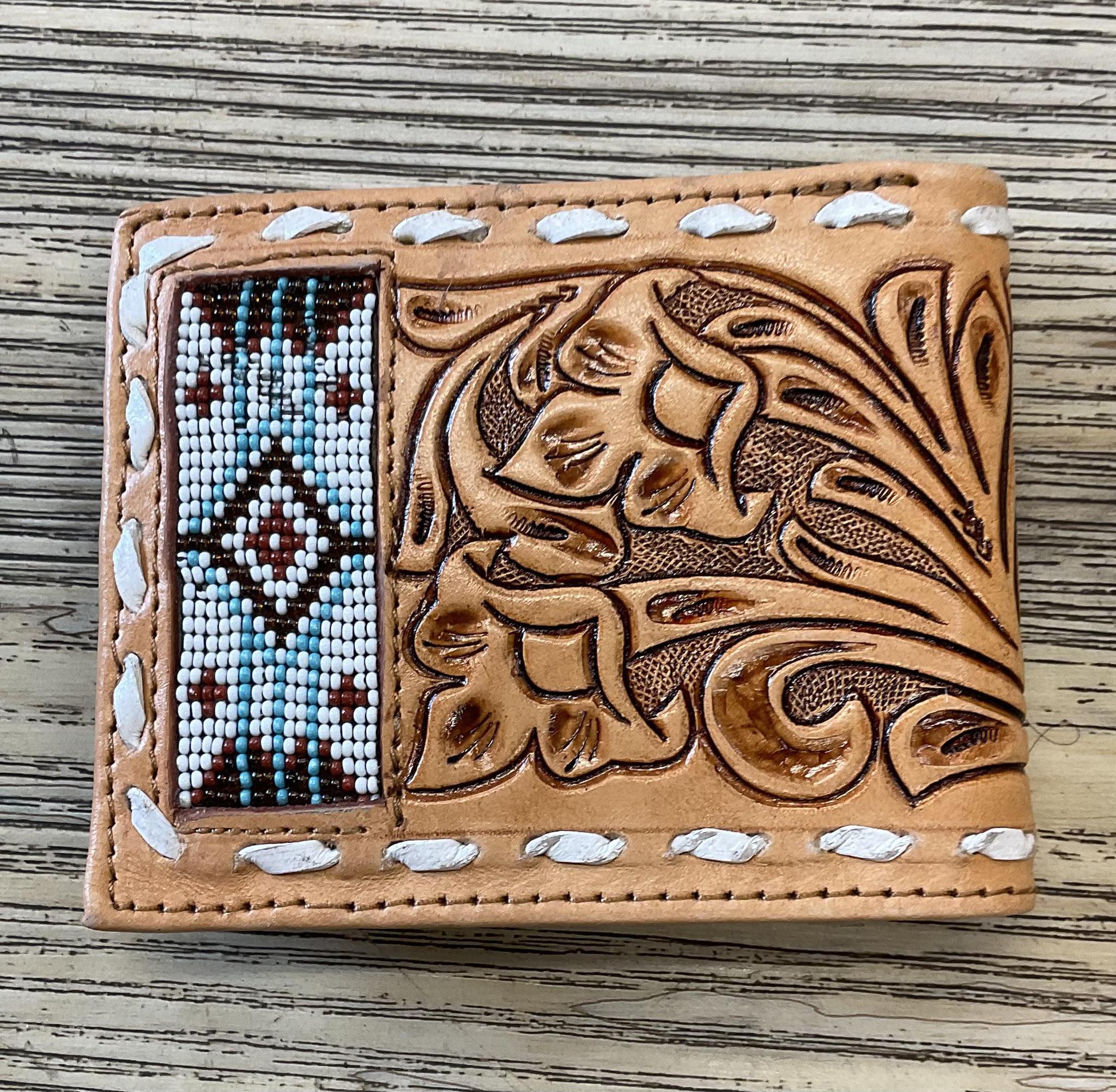 “ ANTHONY  “ | IRON SPUR WESTERN CO MEN BI FOLD WESTERN TOOLED LEATHER WALLET BEADED