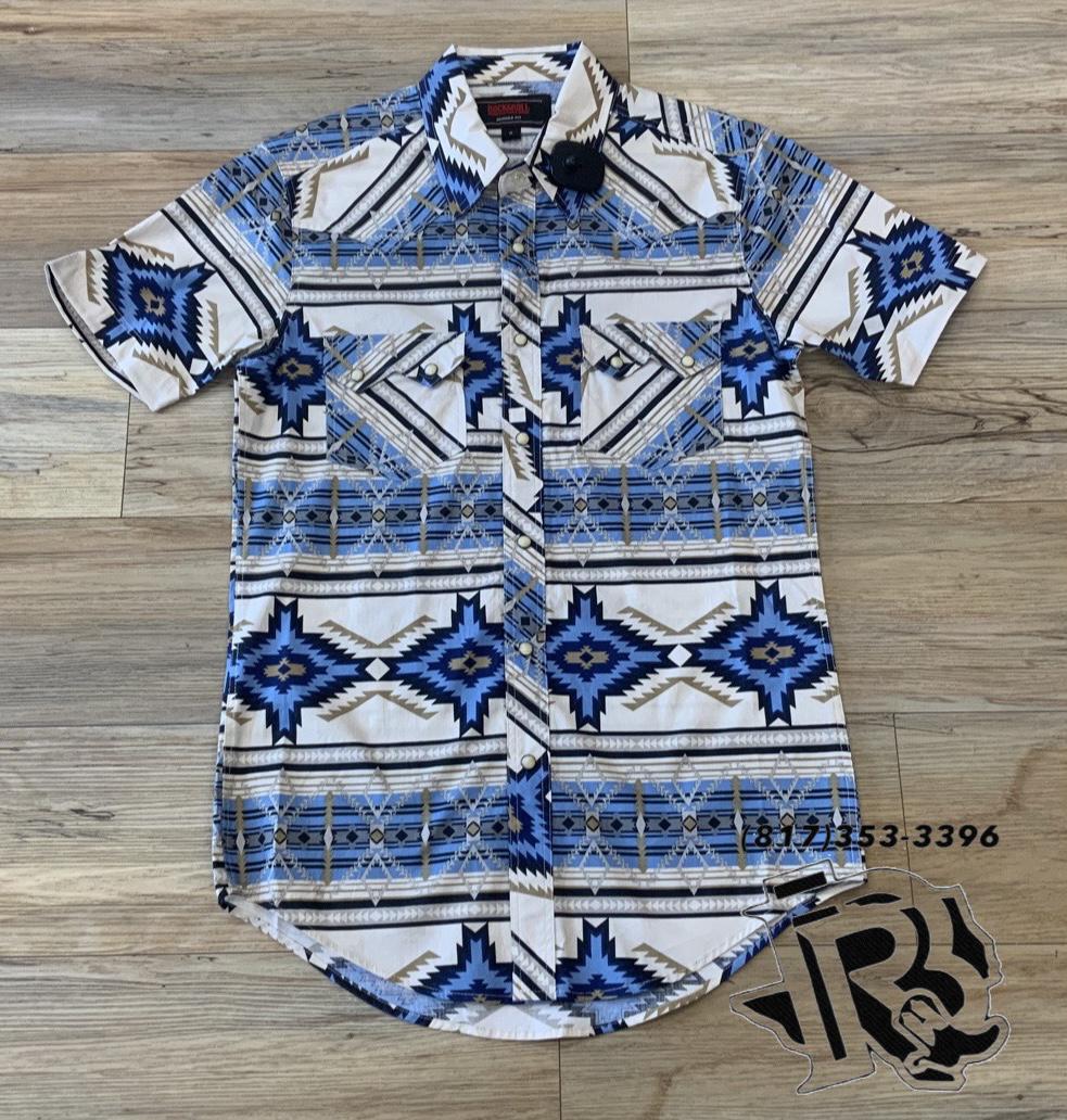 Mens short sleeve Aztec Woden blue shirt panhandle |RRMS1SR0QZ