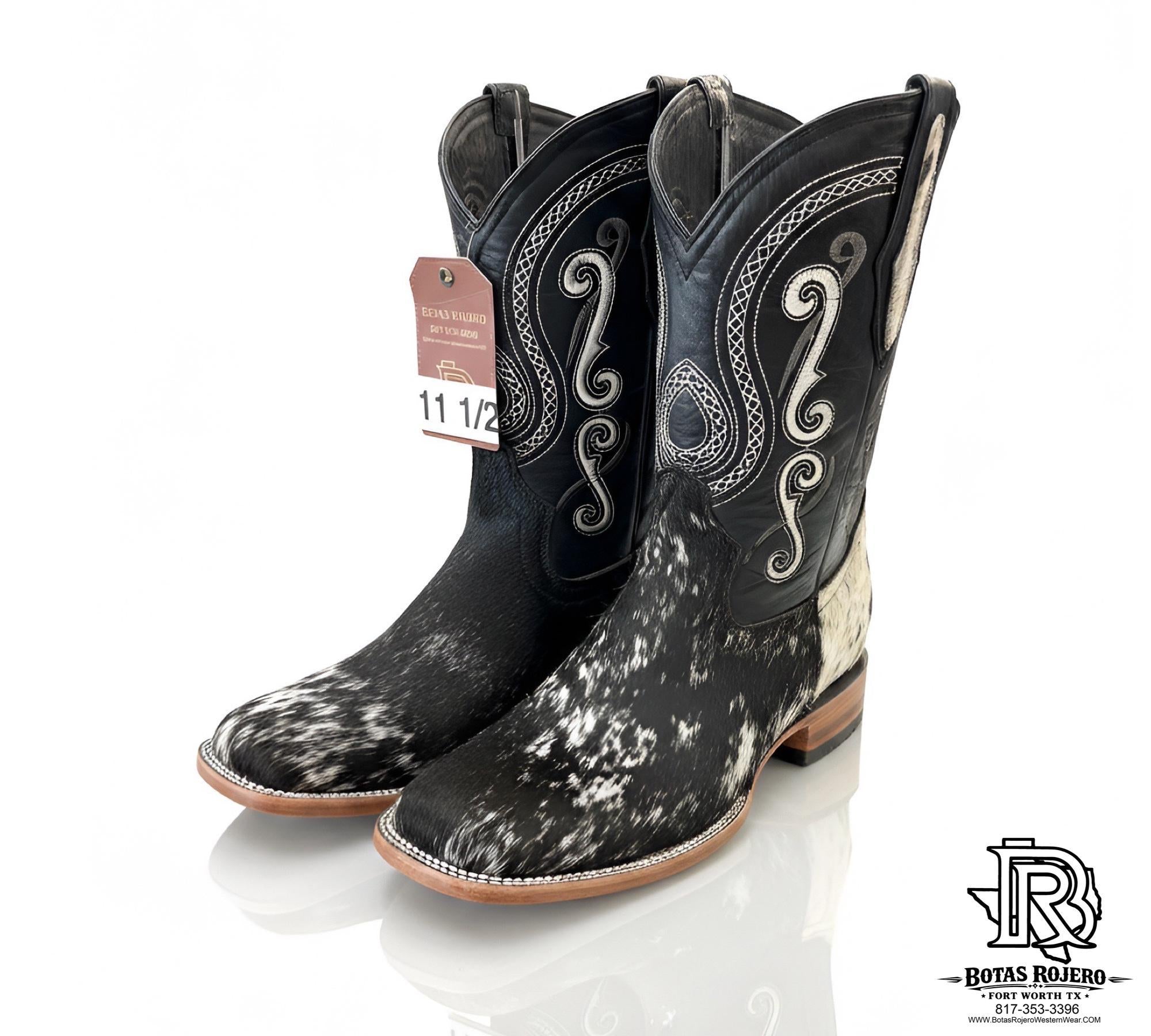 COWHIDE BOOTS BLACK WHITE SQUARE TOE WESTERN BOOTS