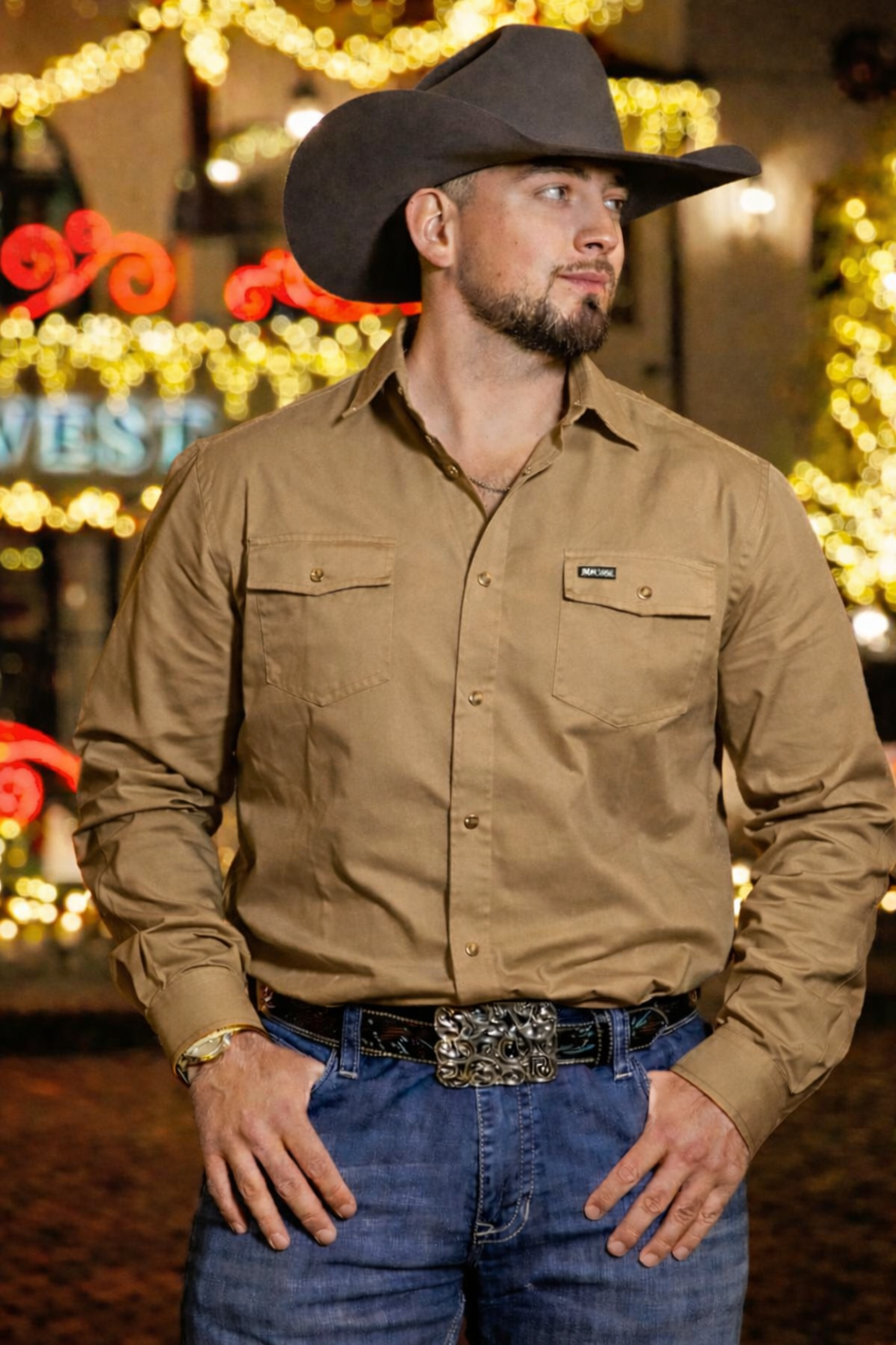 IRON SPUR | MEN WESTERN SHIRT KHAKI LONG SLEEVE PEARL SNAP