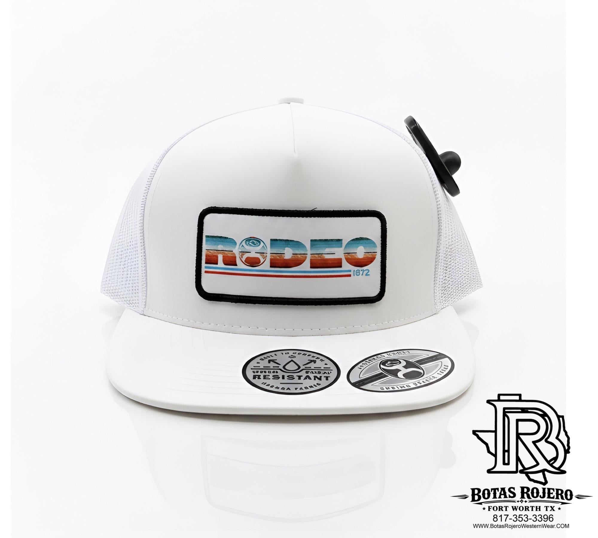 ‘’LEO’’ HOOEY MENS RODEO WHITE 5 PANEL TRUCKER WITH SERAPE/WHITE RECTANGULAR PATCH CAP| 2560T-BK