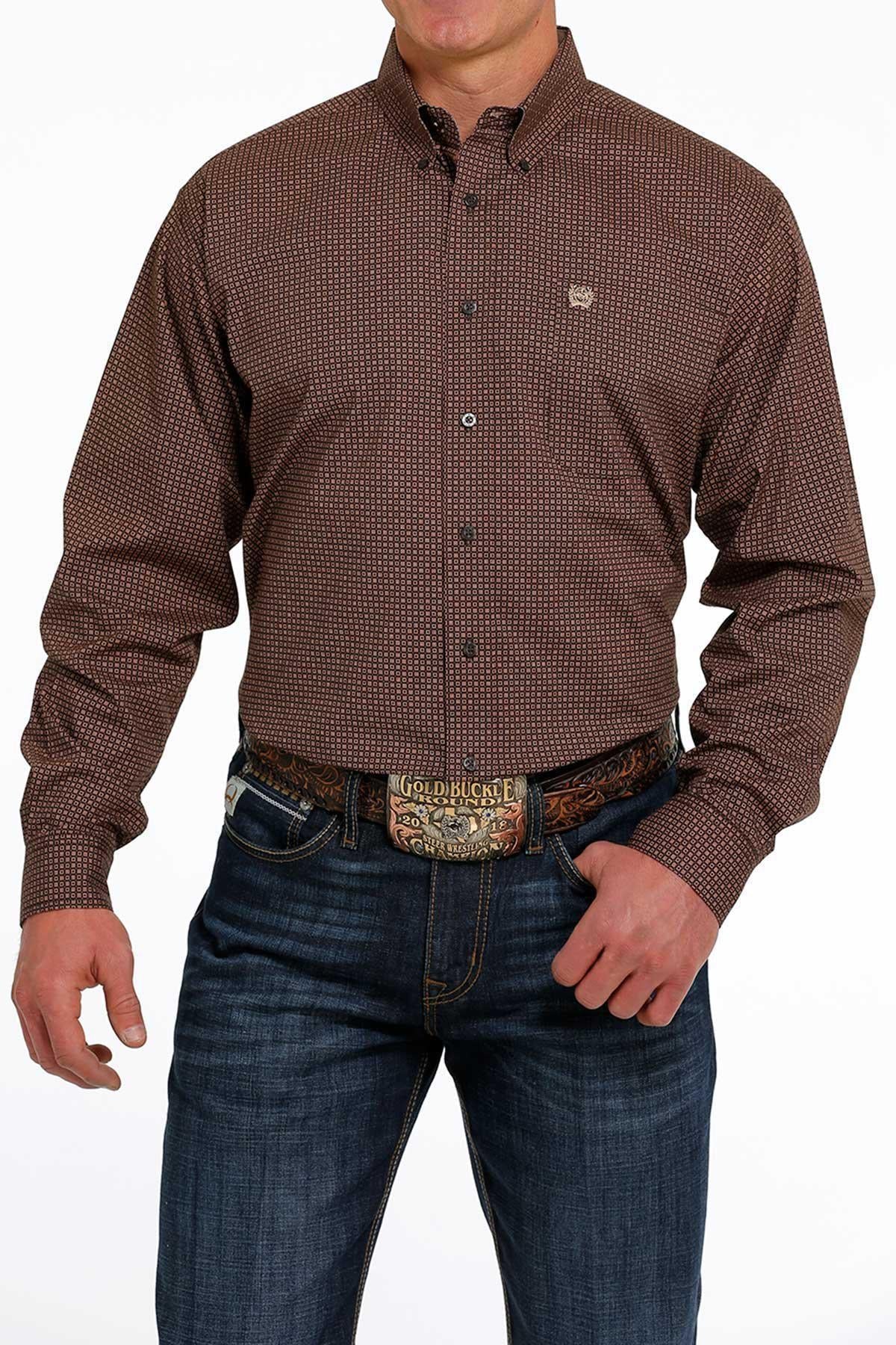 MEN'S GEOMETRIC BUTTON-DOWN WESTERN SHIRT - BROWN /KHAKI |MTW1105492